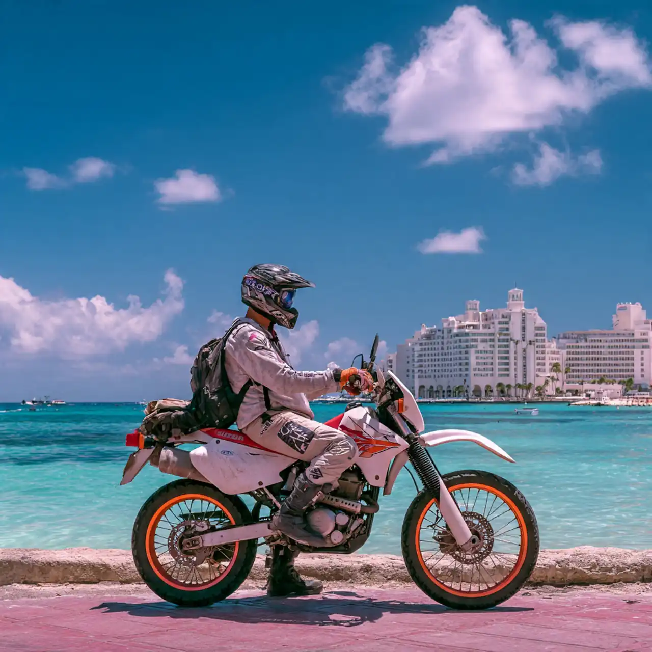 Dirt bike rider on a Caribbean beach with Cancún hotels in the background