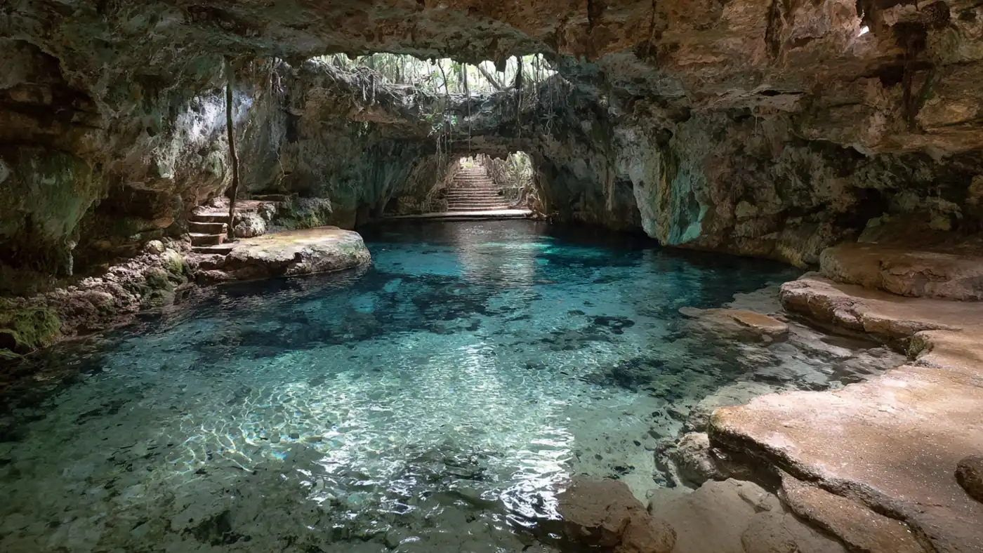 Dirt bike parked at the edge of a jungle cenote in the Riviera Maya