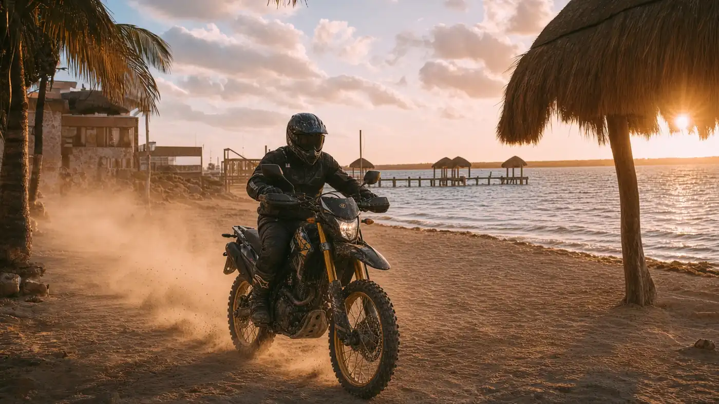 Rider on a dirt bike kicking up sand on a beach at sunset in Cancún