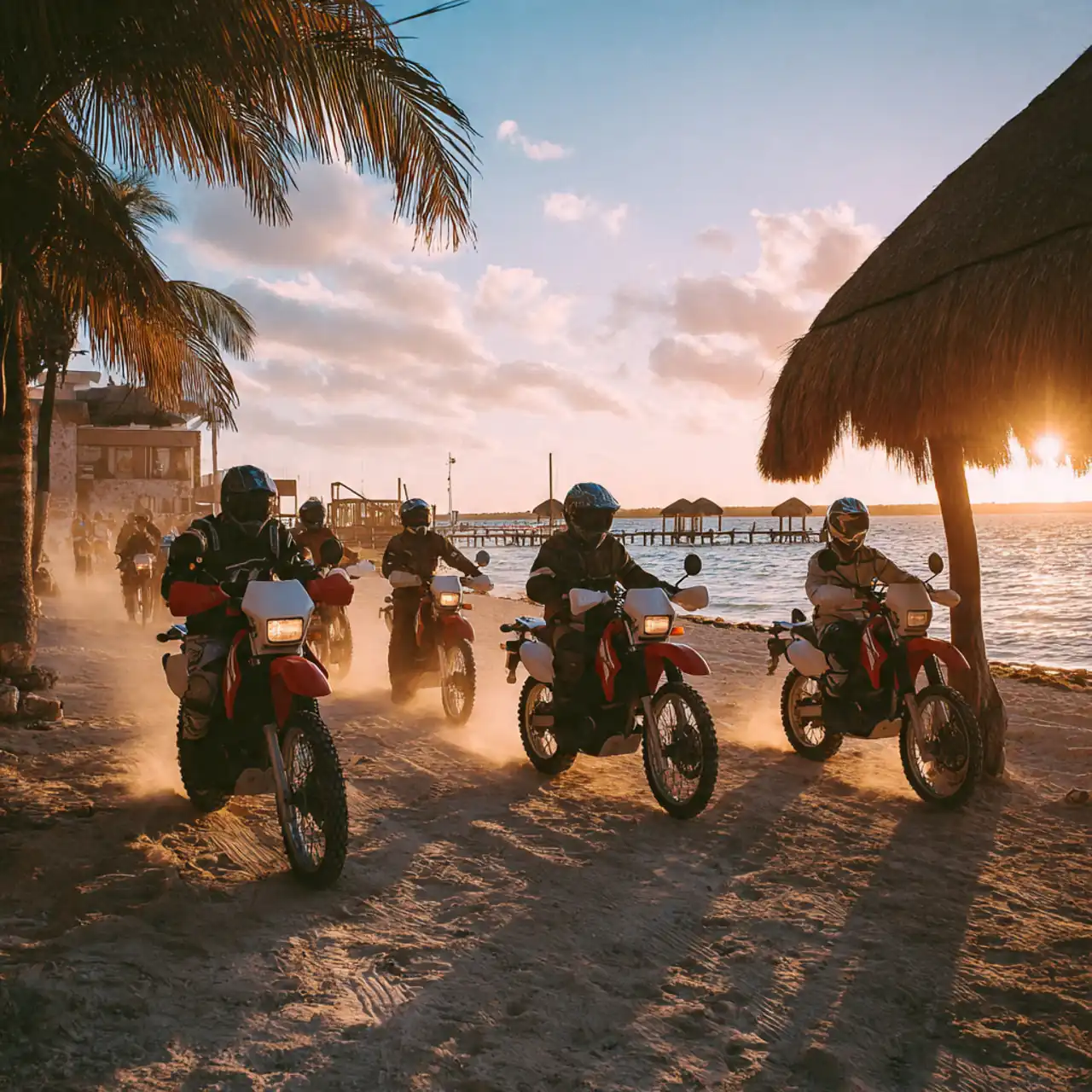 Dirt bike riders on a Cancún beach at sunset, beside a palapa and pier