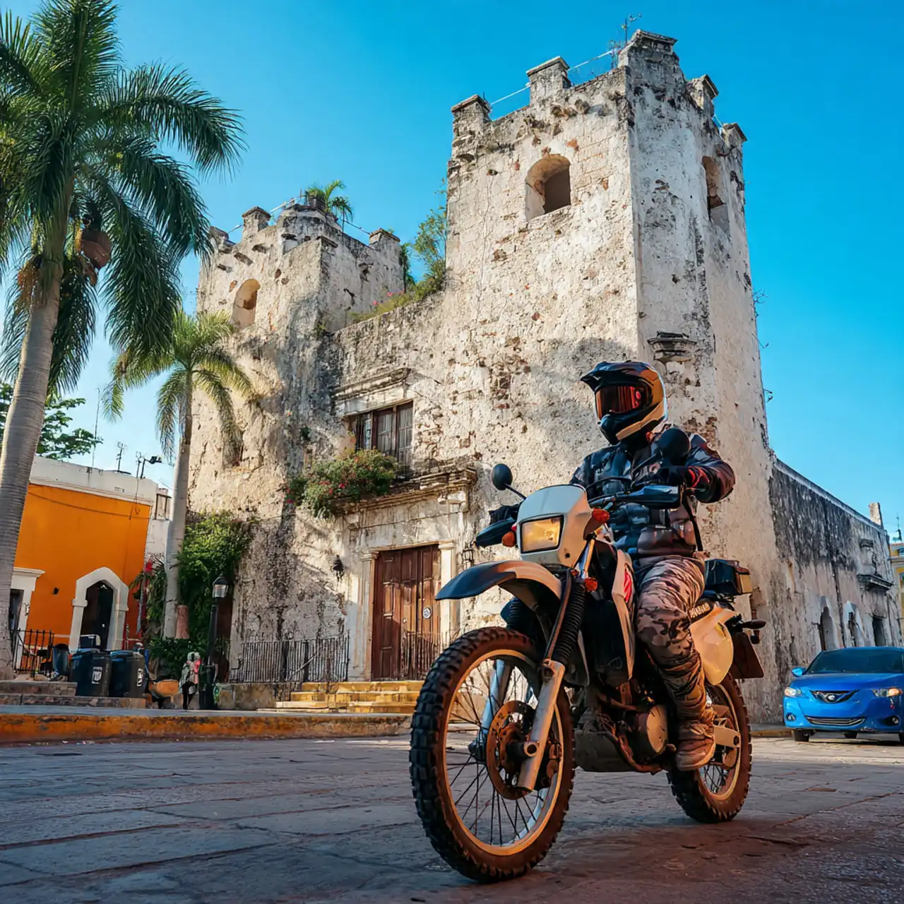 Rider on a dual-sport motorcycle in front of an old colonial stone tower