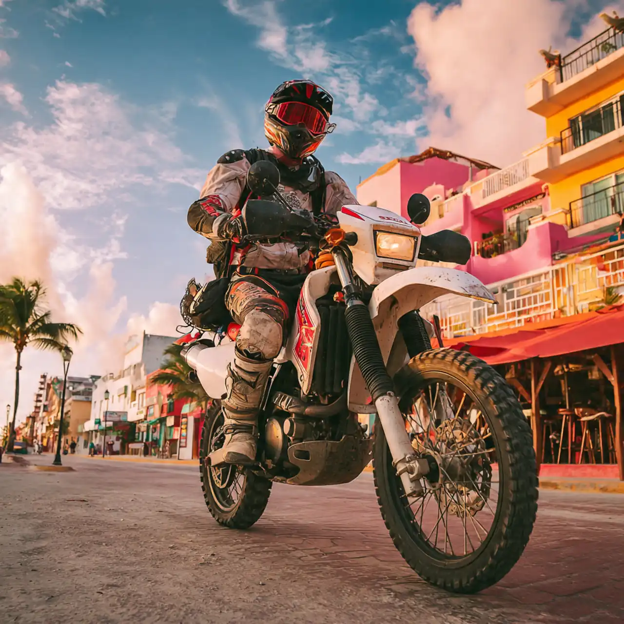 Rider on a dual-sport motorcycle on a colorful street at sunset