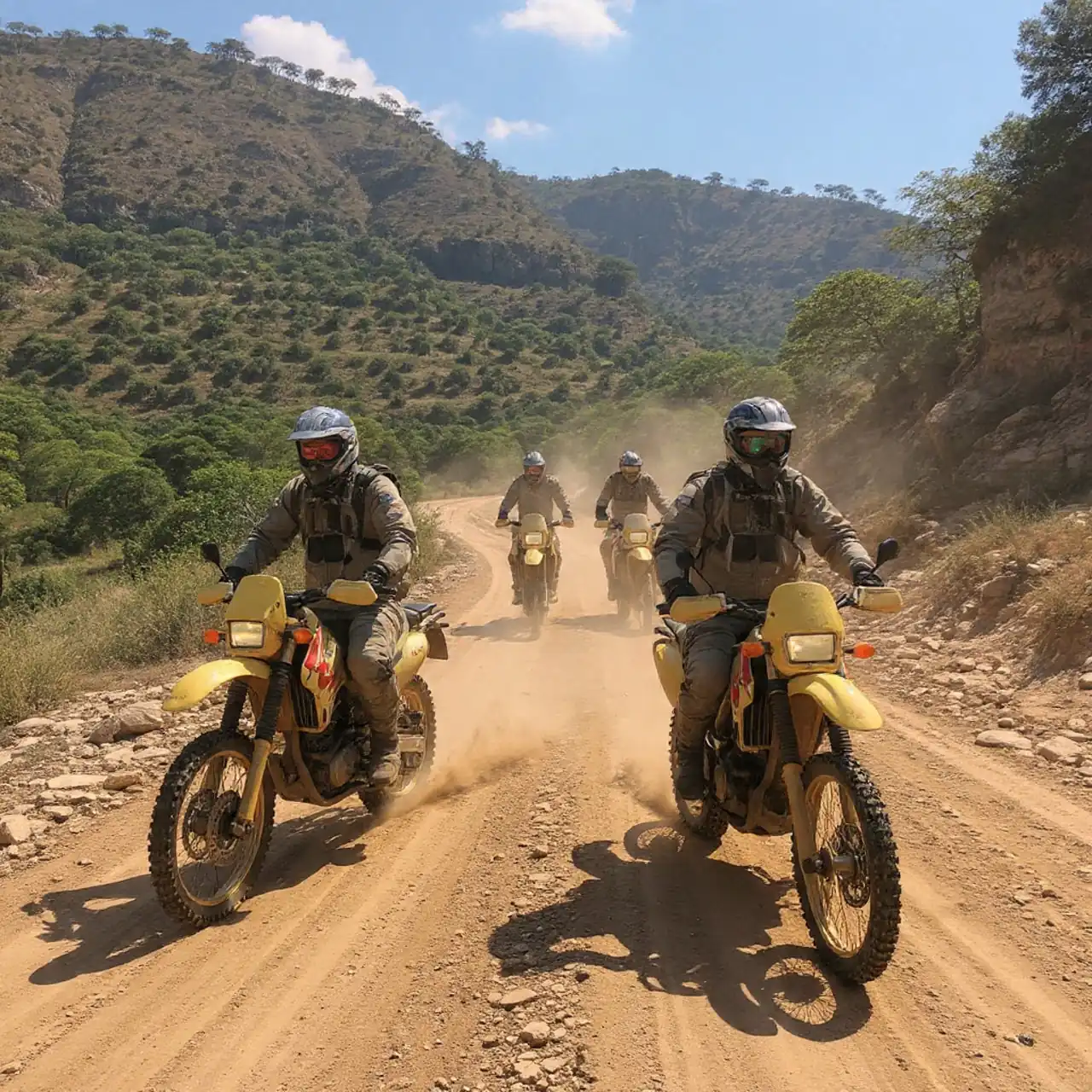 Riders on yellow enduro bikes on a dusty dirt road