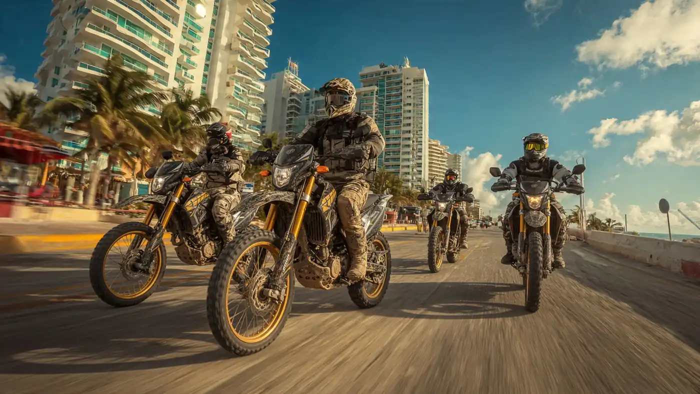 Enduro riders on dirt bikes along a hotel-lined avenue in Cancún