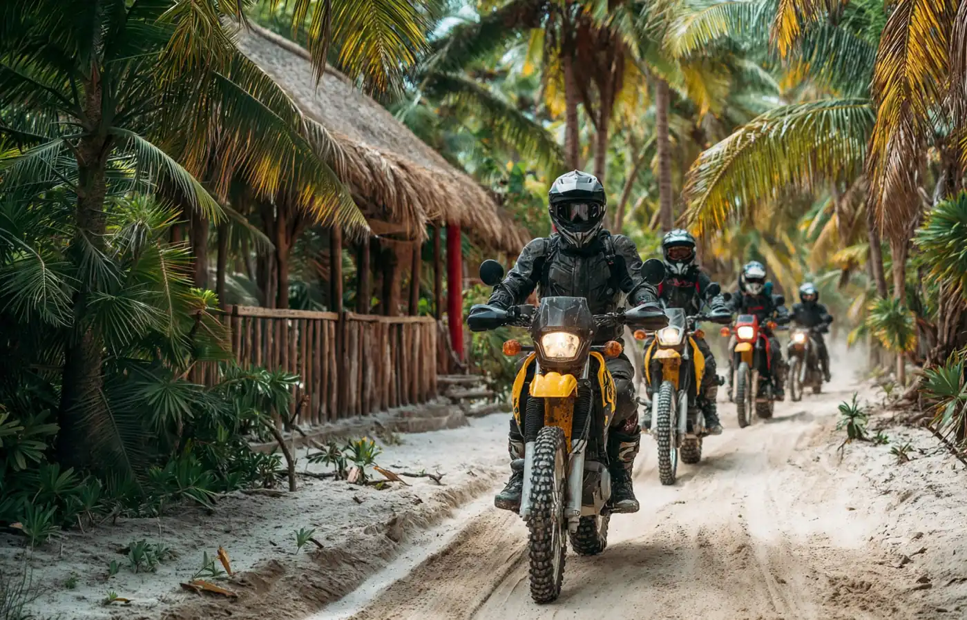 Motorcycle riders on a sandy path between palm trees and palapas