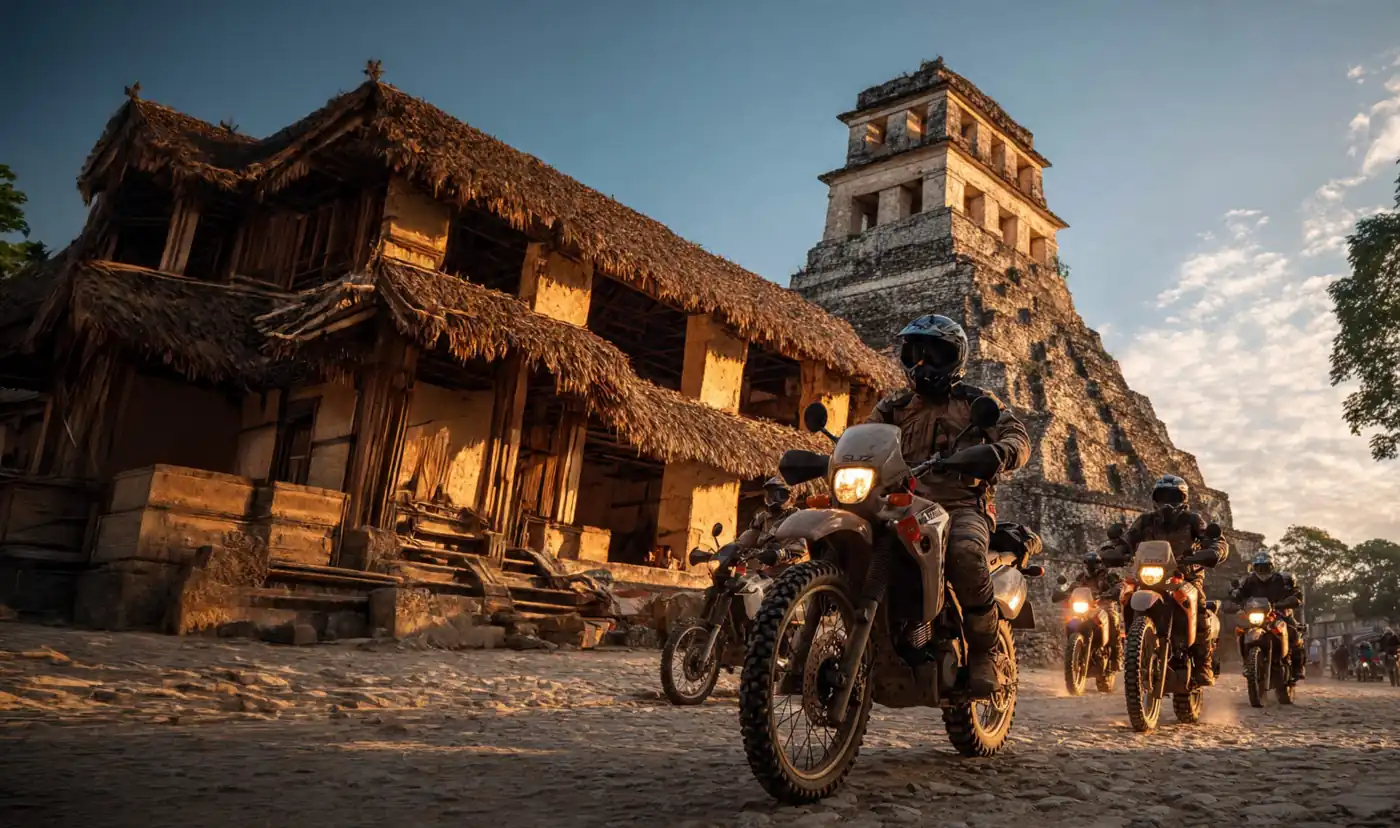 Motorcycle group at sunset beside a thatched building and Maya-style tower