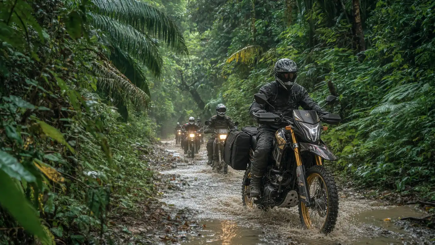 Riders splashing through a muddy jungle trail on the Extreme Maya Jungle tour