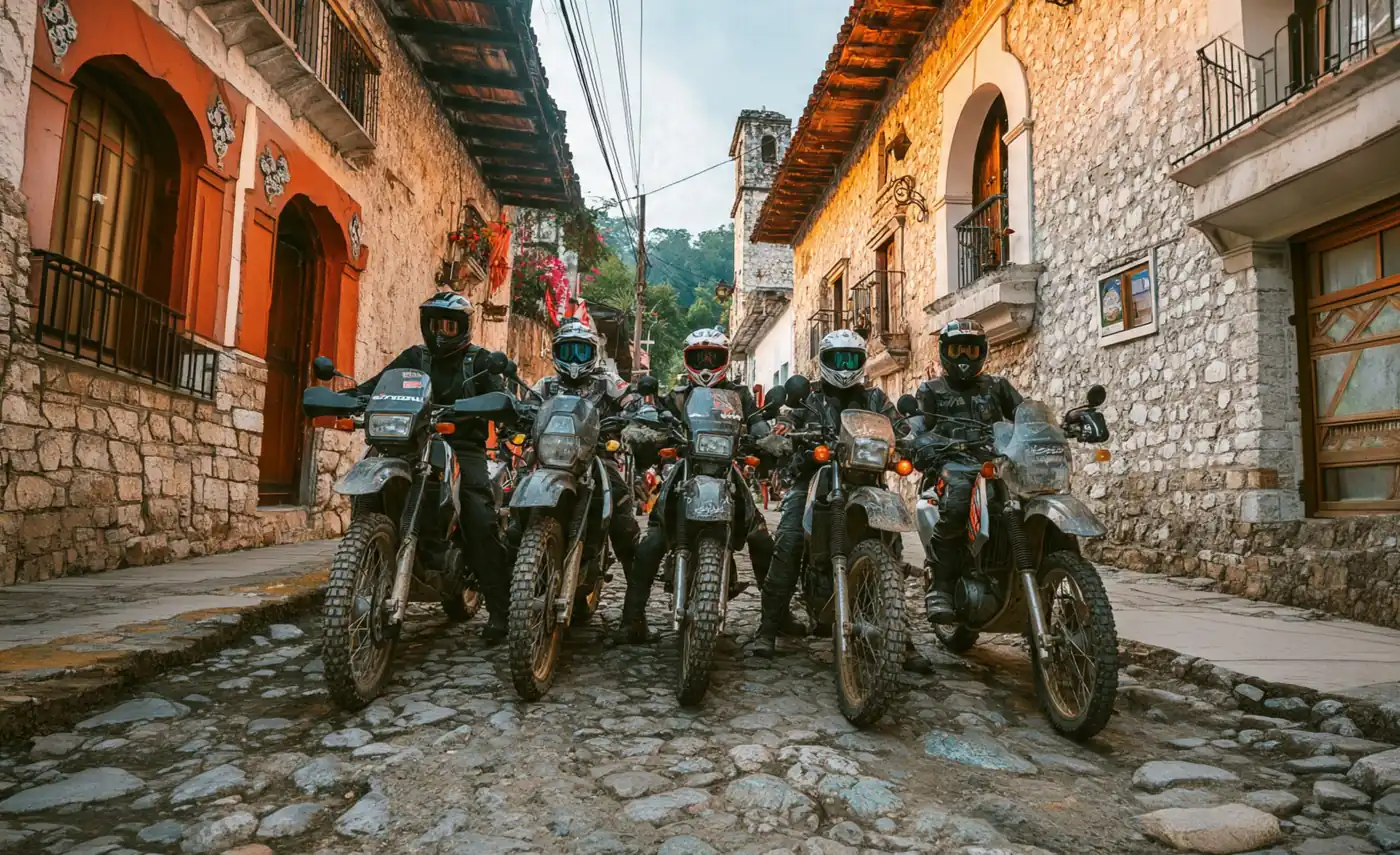 Moto Tours Mexico riders lined up on a cobblestone colonial street