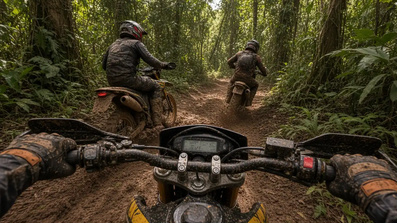 Helmet view of two riders ahead on a muddy jungle trail, Maya Tour