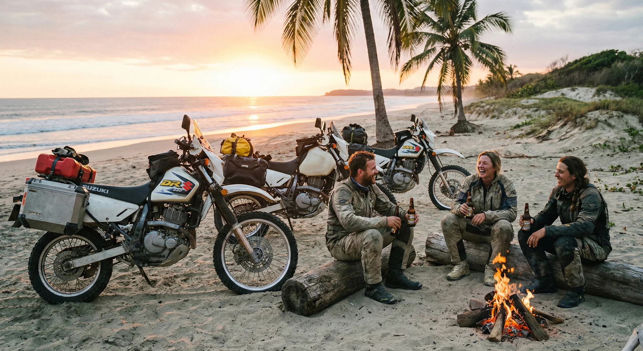 Moto Tours Mexico riders around a beach campfire at sunset beside their dirt bikes