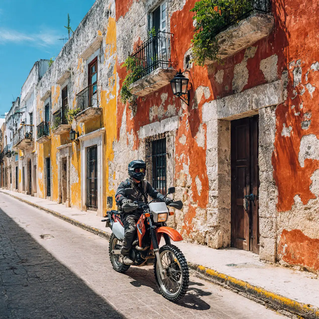 Rider on a motorcycle in a narrow colonial street with colorful walls