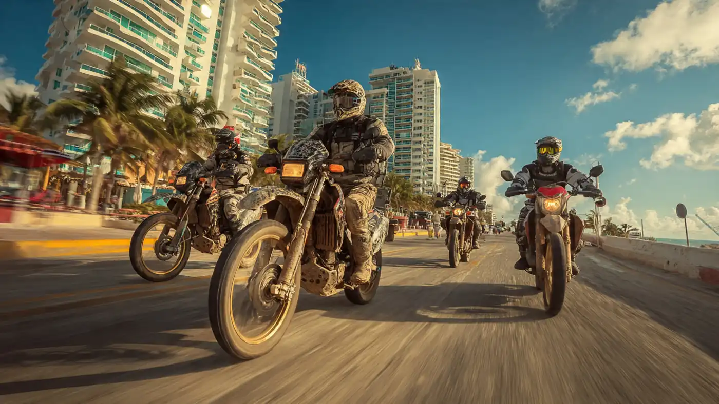 Riders on a seaside avenue lined with Cancún hotels