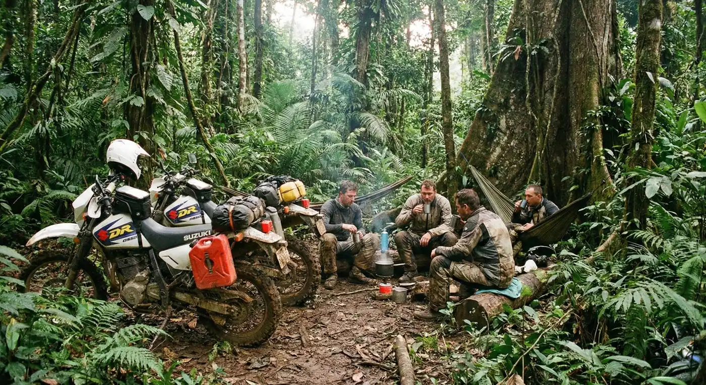 Riders resting at a jungle camp next to their loaded dirt bikes
