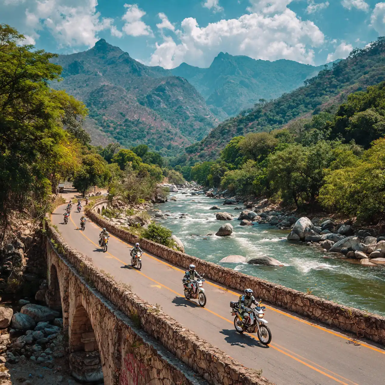 Riders on a winding road above a mountain river in Mexico